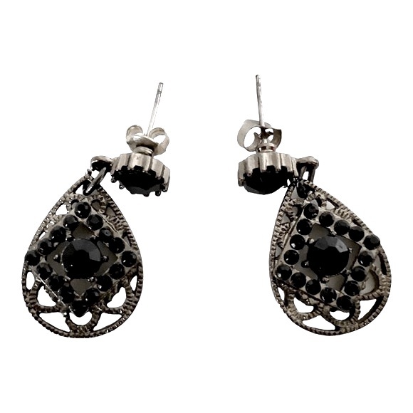 Filigree Dangle Earrings Gunmetal Tone Black Rhinestones Vintage EUC - Picture 6 of 8